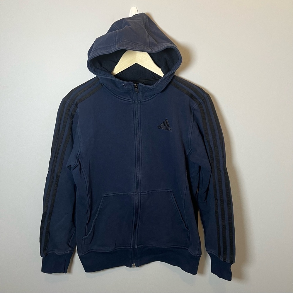 Adidas Essentials Fleece 3 Stripes Full Zip Hoodie Men’s S Navy Blue Sweatshirt - Picture 1 of 7